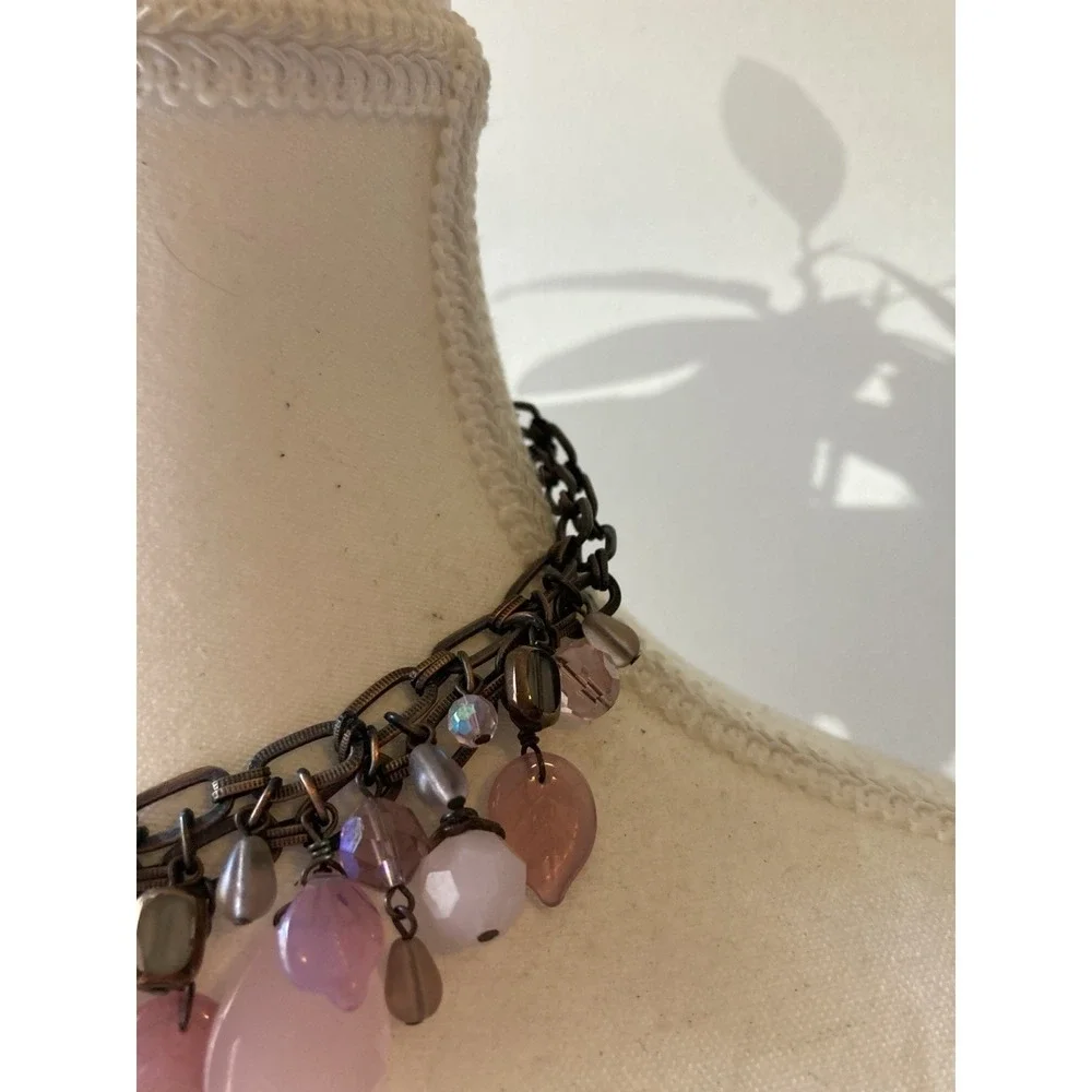 Pink & Purple Lucite Charm Necklace Gunmetal Multi Chain Whimsical Fairy Dangle‎
